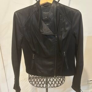 Women's Black leather Jacket. Waist and sleeves stretchy material